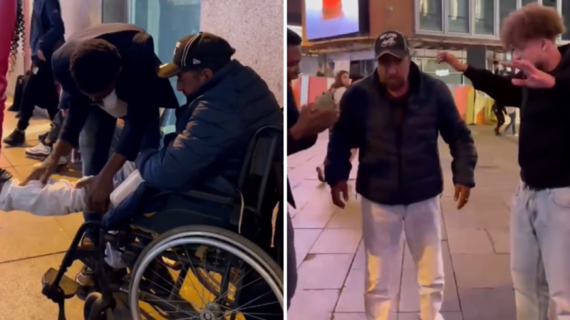 Homem se levanta da cadeira de rodas durante evangelismo de rua em Madri