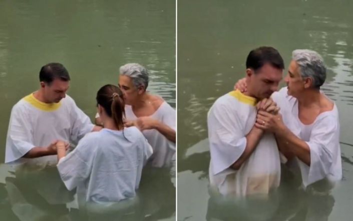 Flávio Bolsonaro e esposa são batizados no Rio Jordão