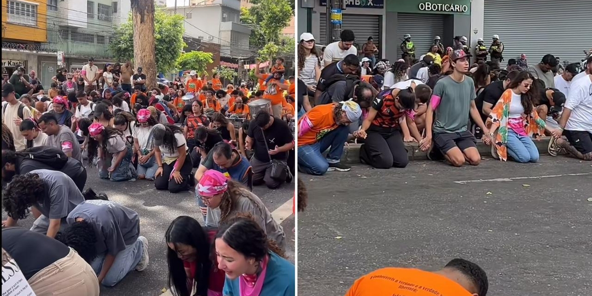 Centenas de jovens oram de joelhos em meio ao Carnaval de BH