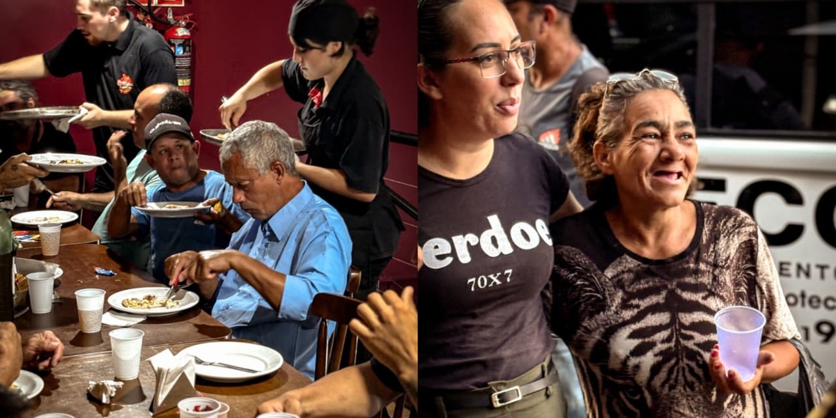 Missão leva mais de 130 sem-teto para pizzaria: “Na mesa de Deus todos têm lugar”
