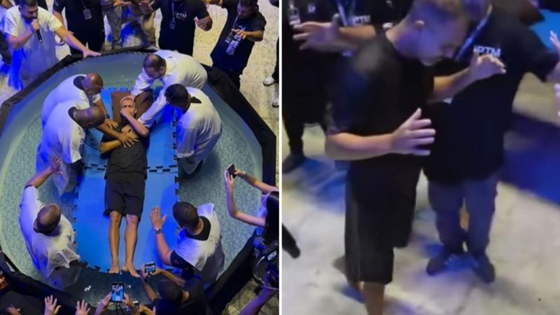 Homem com problema na coluna se levanta e anda após batismo em igreja no Rio