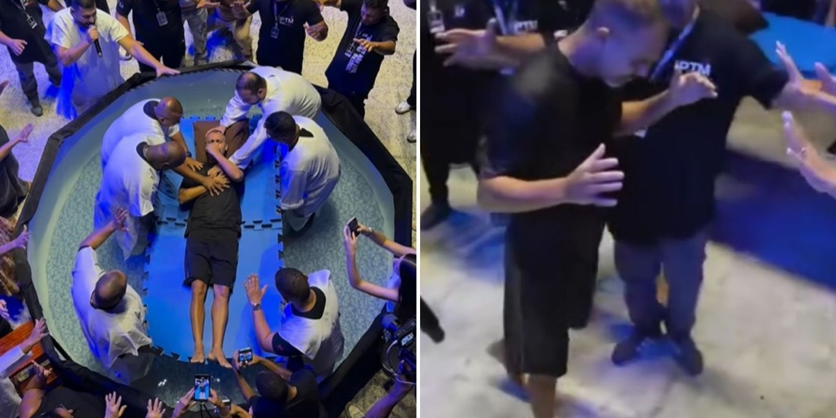 Homem com problema na coluna se levanta e anda após batismo em igreja no Rio