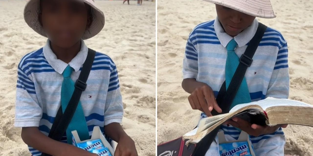 Menino de 10 anos emociona ao pregar na praia enquanto vende balas: “Jesus quer te salvar”